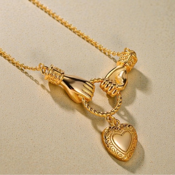 Fashion Jewelry - Symbolic Love Necklace – Hands Holding Heart Pendant, 18K Gold Plated